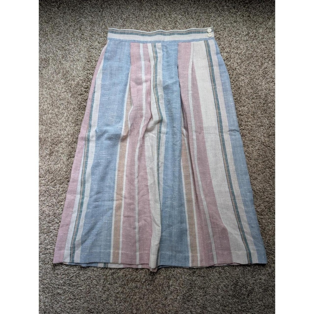 Vtg 80s Lucia Striped Linen Blend‎ Midi Skirt Made in USA Pastel Blue Pink 8